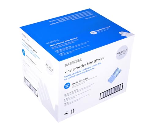 Daxwell Vinyl Gloves, Powder Free, Extra Large, Clear, F10001749 (Case of 1,000, 10 Boxes of 100) - size: X-Large