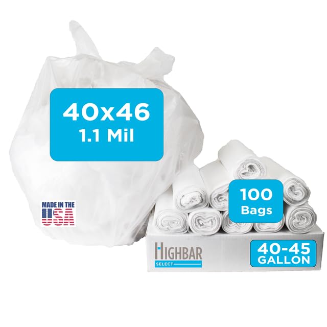 Highbar Select 40-45 Gallon Trash Bags, 1.1 Mil Thickness, Clear Bags, 45 Gallon Trash Bags Heavy Duty, 40" x 46", 100 Count, Ideal for Contractors, Janitorial, Industrial, Recycling - style: 40-45 Gal, 1.1 Mil, 100 Count, Clear