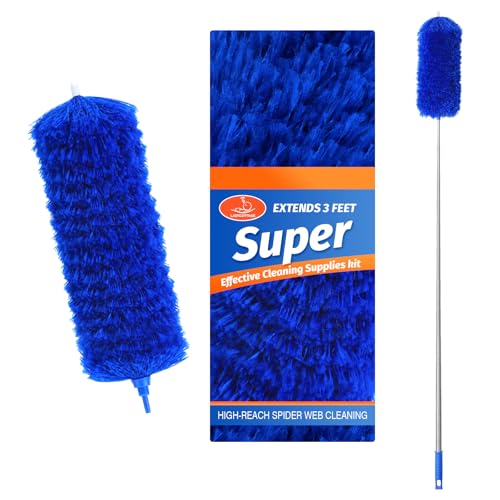 ZZ LAZYCOTTAGE Microfiber Feather Duster with Bendable Head, Dusters for Cleaning, Extendable Microfiber Duster, Long Reach Dusting Tool for High Ceilings, Ceiling Fans, Blinds, Cobweb - color: Blue