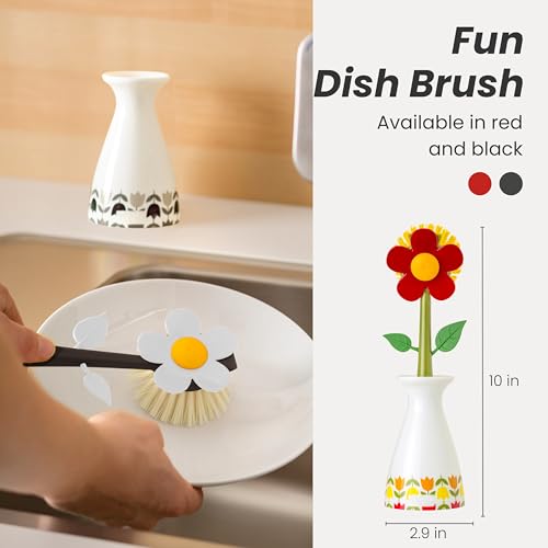 Vigar Flower Power Dish Brush - Flower-Shaped, Dish Brush with Handle and Vase Holder, Scrub Brush for Dishes, Dishwashing Brush, Kitchen Scrub Brush, Pot Scrubber, Kitchen Essentials - White, Black - color: White