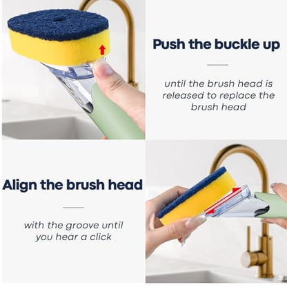 Dish Brush with Soap Dispenser Storage Set with 2 PCS Sponge Refills & Holder, Soap Dispensing Dish Brushes, Sponge with Soap Dispenser Handle, Dish Sponges with Handle for Dishes Pans Pots Sink - color: Green