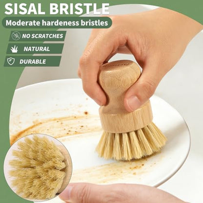 2 Pack Bamboo Dish Brush with Drain Holder - Natural Scrub Brush for Dish with Sisal Bristle, Wooden Dish Scrubber for Kitchen Cleaning Dishes, Pots, Pans and Vegetables