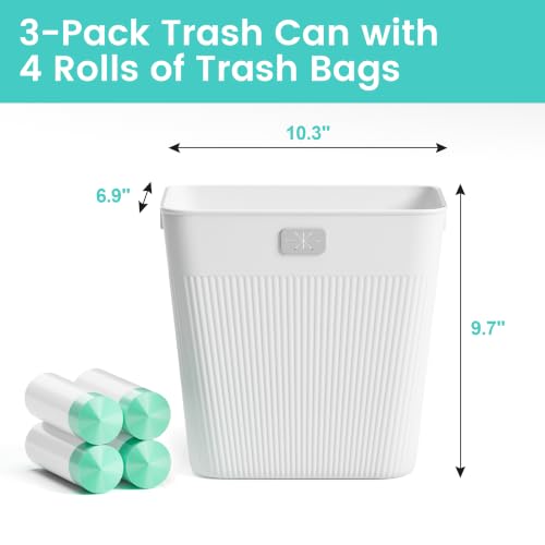JOYMOOP Slim Trash Can 3-Pack, 2.2 Gallon Plastic Wastebasket for Bathroom, Bedroom, Office, Kitchen with 4 Rolls Bags, White - color: White, size: 3 pcs Waste Baskets+ 4 Rolls of Trash Bags