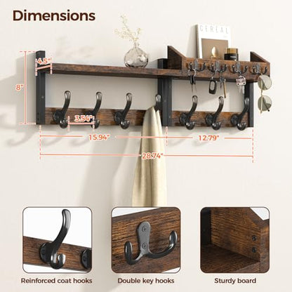 Evermagin 29" Coat Rack Wall Mount with Shelf, 4 in 1 Coat and Key Hanger with 11 Metal Hooks, Entryway Wall Mounted Shelf with Mail Holder for Living Room, Bedroom, Rustic Brown - color: Rustic Brown, size: 29 inch