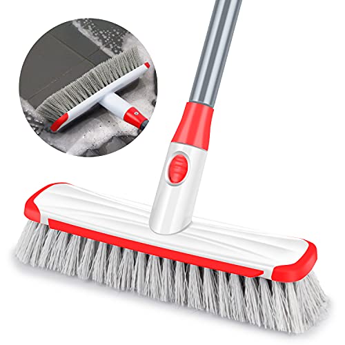 Floor Scrub Brush with Long Handle, Scrubbing Brush Squeegee Broom for Cleaning, 2 in1 Stiff Bristle Shower Scrubber Floor Squeegee for Pool Wall Tile(White) - color: White