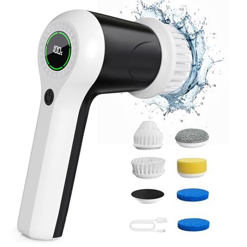 PUFTEM Electric Spin Scrubber, Cordless Shower Scrubber with Battery Level Display, 2 Speeds Electric Scrubber for Cleaning with 6 Replaceable Heads, Cleaning Brush for Bathroom/Sink/Window - color: White