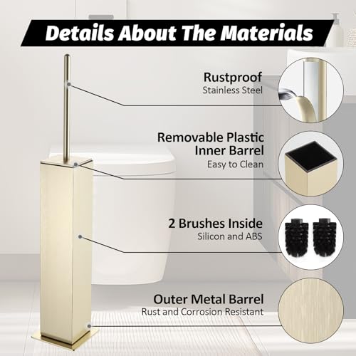 BGL Toilet Brush with Holder Set Brushed Gold Aluminium Standing for Bathroom Toilet Bowl Cleaner Brush and Holder Set, Square Design - color: Brushed Gold-standing