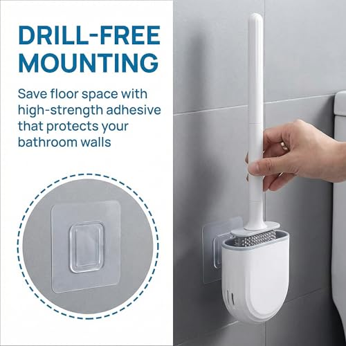 RV Silicone Toilet Brush with Holder, Drill-Free Wall Mounted Toilet Bowl Cleaner, Anti-Drip Anti-Roll Compact Brush for RV Camper & Small Bathroom - color: White