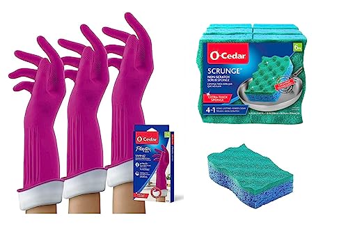 O-Cedar Multi-Use Scrunge Scrub Sponge (6 CT) with Playtex Living Reuseable Rubber Cleaning Gloves (Medium, 3 Pairs) - size: Variety Pack
