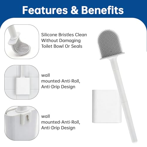 RV Essentials, RV Toilet Brush, Toilet Brush Silicone Won't Damage Toilets, Wall Mounted Toilet Brush White-Anti-Roll, Anti-Drip Design, Suitable for RV Travel Trailers and Campers, Camper Must Haves