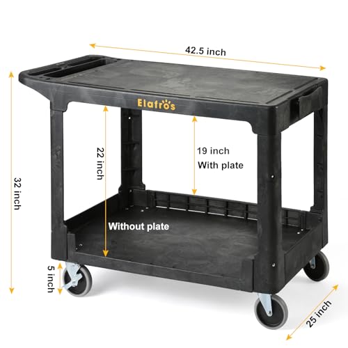 ELAFROS Large Heavy Duty Plastic Utility Cart Flat top 42.5 x 25 Inch - Work Cart Flat Shelves and Full Swivel Wheels Holds up to 550 lbs - 2 Tier Service Cart for Warehouse,Garage, Cleaning Black