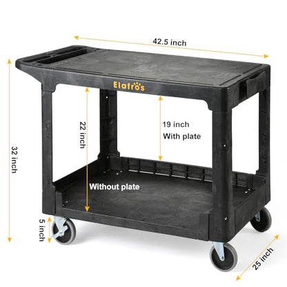 ELAFROS Large Heavy Duty Plastic Utility Cart Flat top 42.5 x 25 Inch - Work Cart Flat Shelves and Full Swivel Wheels Holds up to 550 lbs - 2 Tier Service Cart for Warehouse,Garage, Cleaning Black