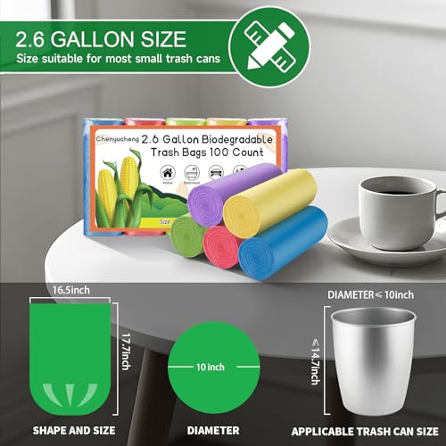 2.6 Gallon Small Trash Bags Bathroom - Compostable Colorful Mini Garbage Bags 100 Count Unscented 10 Liter Biodegradable Little Waste Basket Kitchen Office Car Tiny Liners Strong Thick Chenyucheng - style: 2.6gallon Colorful 100