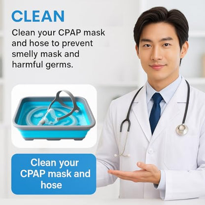 Hose and Mask for CPAP Cleaning Brush with Collapsible Wash Basin Bucket Tub - Essential Care Kit for CPAP Users, Suitable for 7 Feet Tubing and 22mm 19mm Diameter (Standard Set Basin & Brush)
