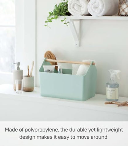 YAMAZAKI Home Storage Organizer/Cleaning Caddy/Storage Basket With Handle, Plastic + Wood, Handle, No Assembly Req. - color: Mint