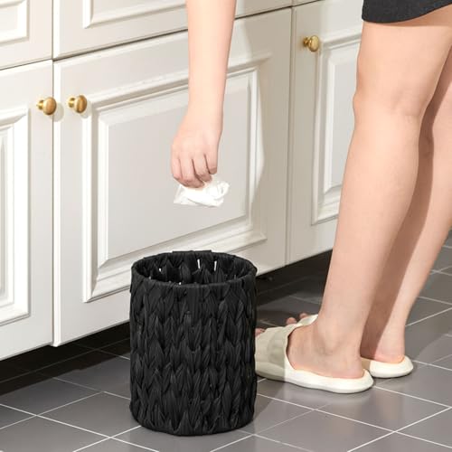 Ctosree 1.3 Gallons Small Trash Can with Lid Handle Boho Woven Braided Bathroom Waste Basket Trash Can with 100 Garbage Bags for Bedroom Office Laundry(Braided Polypropylene, Black) - color: Black, style: Braided Polypropylene