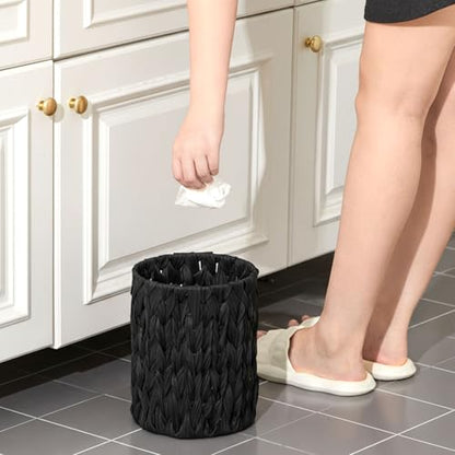 Ctosree 1.3 Gallons Small Trash Can with Lid Handle Boho Woven Braided Bathroom Waste Basket Trash Can with 100 Garbage Bags for Bedroom Office Laundry(Braided Polypropylene, Black) - color: Black, style: Braided Polypropylene