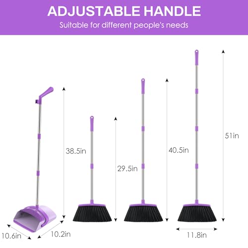 Broom and Dustpan Set for Home, 51-in Long Adjustable Handle Angle Broom and Dustpan Combo Set with Dust Pan Teeth to Clean Hair for Home Kitchen Office Lobby Floor Garden, Purple - color: Purple