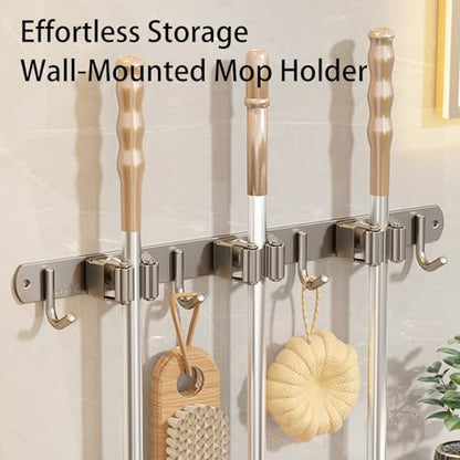 Wall-Mounted Broom Holder Stainless Steel Mop Storage Rack Laundry Room Storage Solution Suitable for Kitchens, Gardens, Garages (Black: 5 clips with 6 hooks) - color: Black: 5 clips with 6 hooks