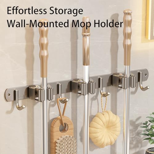 Wall-Mounted Broom Holder Stainless Steel Mop Storage Rack Laundry Room Storage Solution Suitable for Kitchens, Gardens, Garages (Gray: 5 clips with 6 hooks) - color: Gray: 5 clips with 6 hooks