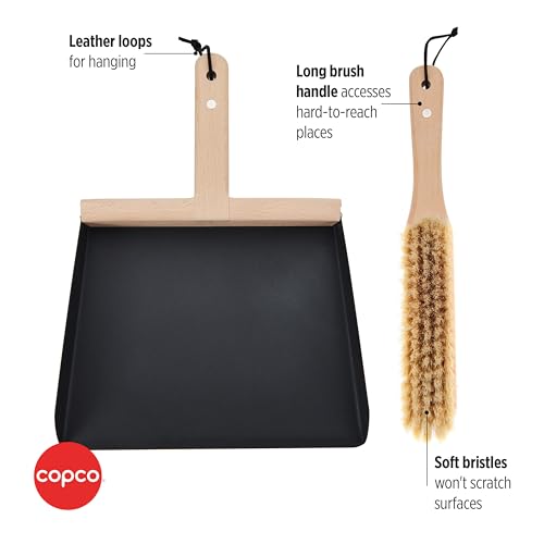 Copco Hand Brush and Dustpan Set - Wooden Beechwood Handle Broom and Dust Pan with Soft Bristles, Leather Loop Hanging Storage, Iron Dustpan, Kitchen and Home Cleaning Essentials