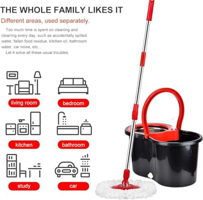 360° Spin Mop Bucket Sets with Wring System in 3 Microfiber Heads, Stainless Steel Basket 61" Extended Handle Floor Cleaning (Black)