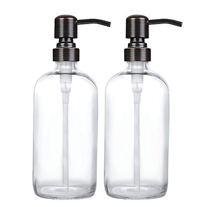 2 Pack Thick Clear Glass Boston Round Bottles /Oil Rubbed Bronze Stainless Steel Pumps, 16 Ounce Jar Soap Dispenser with Rustproof Pump for Essential Oil, Liquid Soap - color: Black and Clear