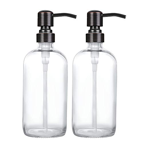 2 Pack Thick Clear Glass Boston Round Bottles /Oil Rubbed Bronze Stainless Steel Pumps, 16 Ounce Jar Soap Dispenser with Rustproof Pump for Essential Oil, Liquid Soap - color: Black and Clear