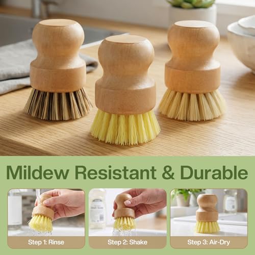 Wooden Dish Brush with Metal Stand Handheld Bamboo Wok Brush Scrubber for Dishes Pans Pots Fruit and Veggie Washing(3,Beige Brown Yellow) - color: Beige Brown Yellow