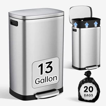 ELPHECO Kitchen Trash Can with Lid Soft Close,13 Gallon / 50L Stainless Steel Pedal Garbage Can, Heavy-Duty Fingerprint Proof Step Wastebasket with 20 Bags, Removable Bucket, Home Office, Silver - color: Silver