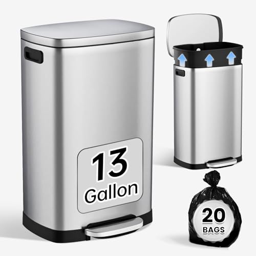 ELPHECO Kitchen Trash Can with Lid Soft Close,13 Gallon / 50L Stainless Steel Pedal Garbage Can, Heavy-Duty Fingerprint Proof Step Wastebasket with 20 Bags, Removable Bucket, Home Office, Silver - color: Silver