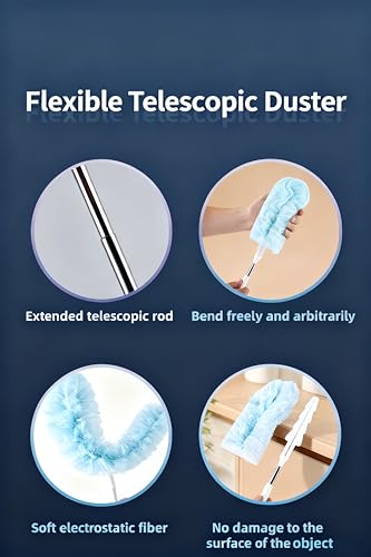 Heavy Duty Duster Refills, Disposable Dusters Kit for Cleaning Dusting Furniture Blind Ceiling Fan, Multi Surface 360 Feather Duster(10)+3FT Extended Handle（1） (Blue) - color: Blue