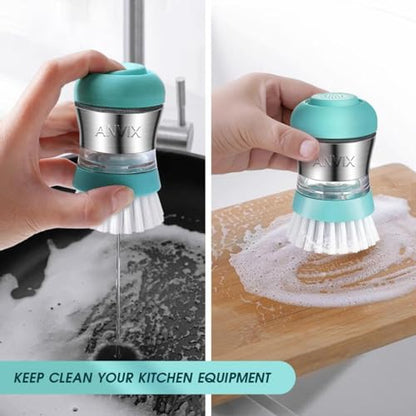 Soap Dispensing Palm Brush – Ergonomic Scrub Brush with Handle – Heavy-Duty Dish Scrubber with Soap Dispenser - Scrub Brushes for Cleaning with Push Button Soap Dispensing-Tiffany Blue