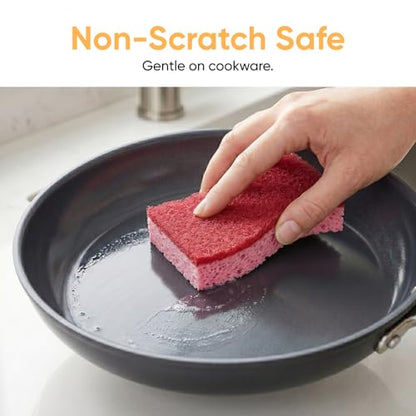 Non-Scratch Cellulose Sponge Kitchen Scrub Sponge with Scouring Pad Set, Good for Non-Stick Cookware Frying Pan, Pot, Counter Top, Sink Scrubbing, Kitchen Scrubbers, Pack of 2, (Red/Pink) - color: Red, size: 2-pack