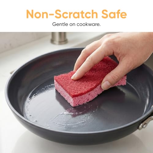 Non-Scratch Cellulose Sponge Kitchen Scrub Sponge with Scouring Pad Set, Good for Non-Stick Cookware Frying Pan, Pot, Counter Top, Sink Scrubbing, Kitchen Scrubbers, Pack of 1, Red/Pink - color: Red, size: 1-pack