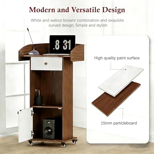 Podium Stand with Metal Wheels Wooden Lectern Podium Stand Portable Pulpit Standing with Storage Mobile Reception Podiums for Church Office School Conference Restaurant Meeting,Brown+Black - color: Brown& White