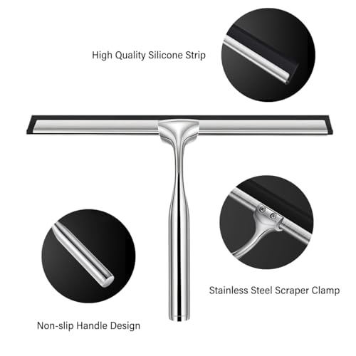 Stainless Steel Shower Squeegee for Shower Glass Door with Adhesive Hooks, Bathroom Cleaner Tool Household Window Mirror Squeegee, Cleaning Tile Wall, Car, 10 Inch Silver