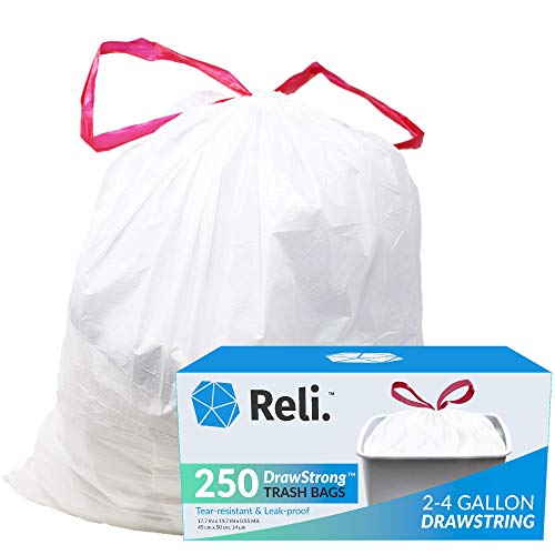Reli. 2-4 Gallon Trash Bags Drawstring | 250 Count | 18"x 20" | Small Garbage Bags 4 Gallon - Drawstring Handles | White Trash Can Liners 2 Gal - 3Gal - 4Gal | Small Bin Liners, Office - size: 250 Count (Pack of 1)