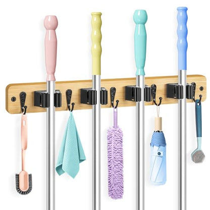 IMILLET Mop and Broom Holder Wall Mount, Bamboo Broom Hanger with 4 Racks and 5 Hooks, Laundry Room Decor, Self Adhesive Over the Door Broom Organizer, Wall Organizer for Home Garage Closet (1 Pack) - style: Bamboo-4 Slots