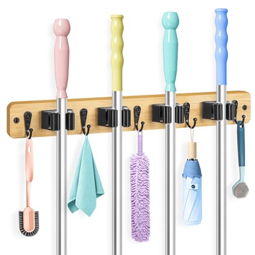 IMILLET Mop and Broom Holder Wall Mount, Bamboo Broom Hanger with 4 Racks and 5 Hooks, Laundry Room Decor, Self Adhesive Over the Door Broom Organizer, Wall Organizer for Home Garage Closet (1 Pack) - style: Bamboo-4 Slots