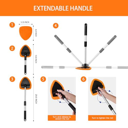Qydipclin 10pcs Windshield Cleaner Tool, Car Window Cleaning Wash Kit with 4 Reusable Microfiber Pads 1 Spray Bottle and Extendable Handle Auto Glass Wiper Kit, Orange - color: Orange