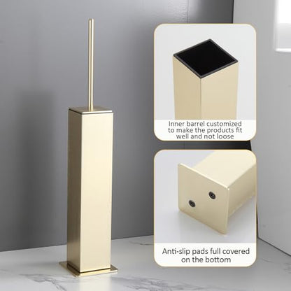 BVL Toilet Brush and Holder Floor Standing, Brushed Gold with 2 Replaceable Heads, Bathroom Toilet Brush, Freestanding Toilet Bowl Brush with Removable Liner and Splash Guard - color: Brushed Gold-standing