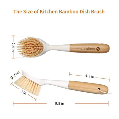 2 Pack Kitchen Dish Brush Bamboo Handle Dish Scrubber Built-in Scraper, Scrub Brush for Pans, Pots, Kitchen Sink Cleaning, Dishwashing and Cleaning Brushes are Perfect Cleaning Tools, White - style: White