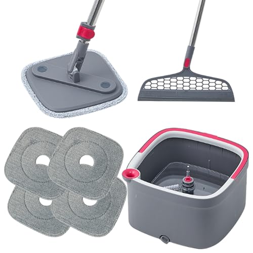 True & Tidy True Clean Mop Bucket System, Includes Square Spin, Dual Compartment Mop Bucket and 4 Thick Machine Washable Pads, Extra Squeegee Sweeper Head