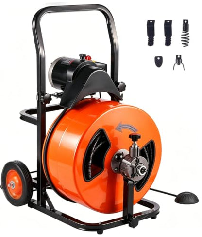 100FT x 1/2 Inch Drain Cleaner Machine, Auto Feed Electric Drain Auger for 2"-4" Pipes, Enclosed Metal Drum with 4 Cutters & Pneumatic Foot Switch, Sewer Snake Auger - style: 100FT x 1/2inch
