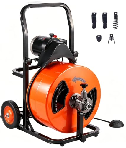 Drain Cleaner Machine, 100FT 3/8 Inch Upgraded Electric Feed Sewer Snake, Wheeled Telescopic Portable Drain Cleaner with 4 Cutters & Air-Activated Foot Switch for 2" to 4" Pipes - style: 100FT x 3/8inch