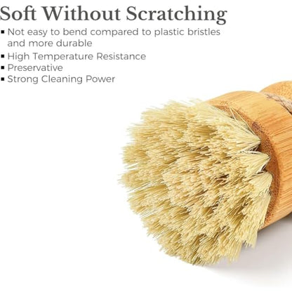 Bamboo Dish Brush, Natural Dish Scrub Brush for Kitchen, Wooden Dish Scrubber, Dish Washing Brush for Dishes, Pots, Pans, Sink Cleaning