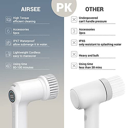 AIRSEE Electric Spin Scrubber, Cordless Power Rotating Brush, 2 Speeds, 6 Replaceable Brush Heads, Handheld Shower Bathroom Scrubber for Cleaning Floors, Windows, Bathtubs, Tiles, Sink, Car