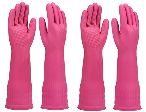 Dishwashing gloves 2 Pairs for kitchen,Rubber cleaning gloves,Long dish gloves reuseable. - color: Pink, size: Small (Pack of 2)