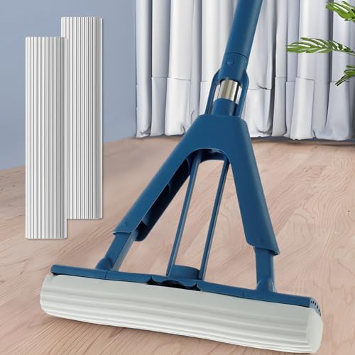 Sponge Mop Absorbent Roller Foam Mop with 50.39inch Extendable Handle and 2 Sponge Heads Self Wringing Mop Adjustable Cleaning Wet Mop for Hardwood Tile Kitchen Bathroom